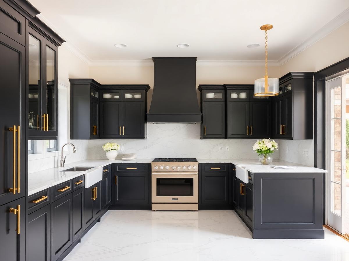 Contemporary kitchen with charcoal cabinetry and gold hardware