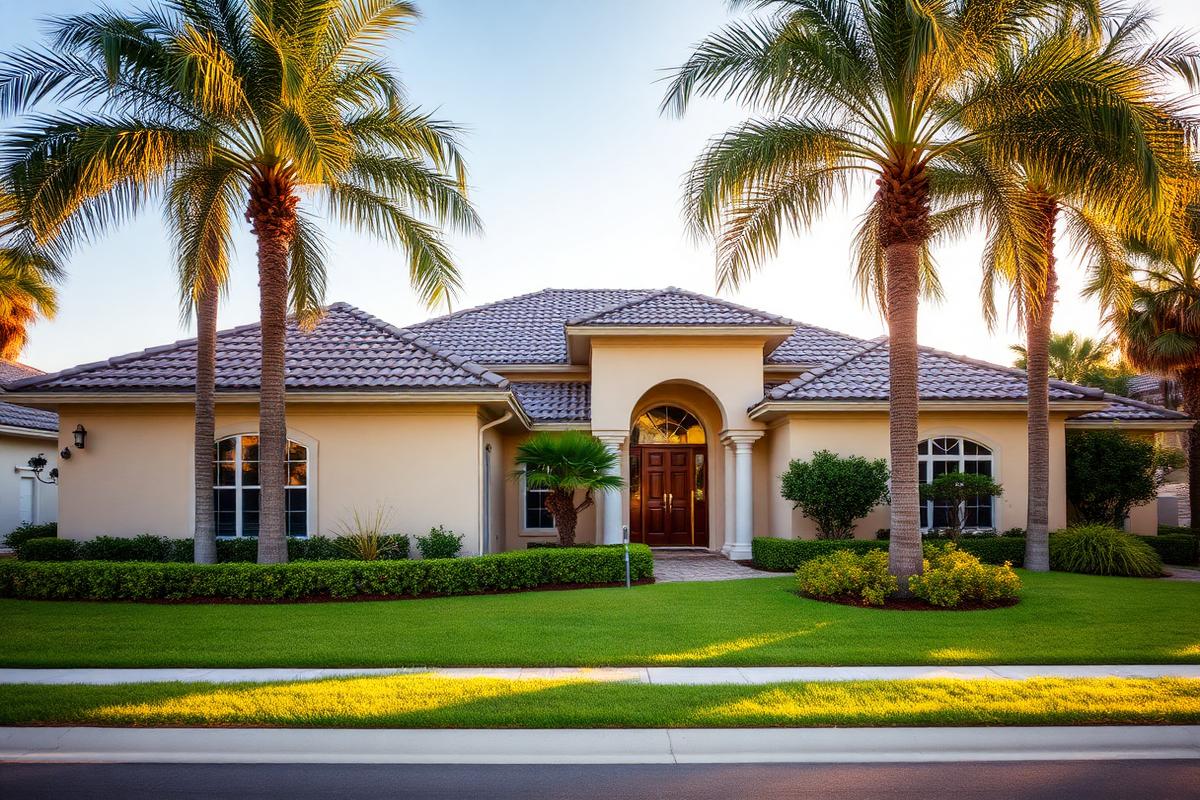 Florida home exterior with palm trees on a sunny afternoon