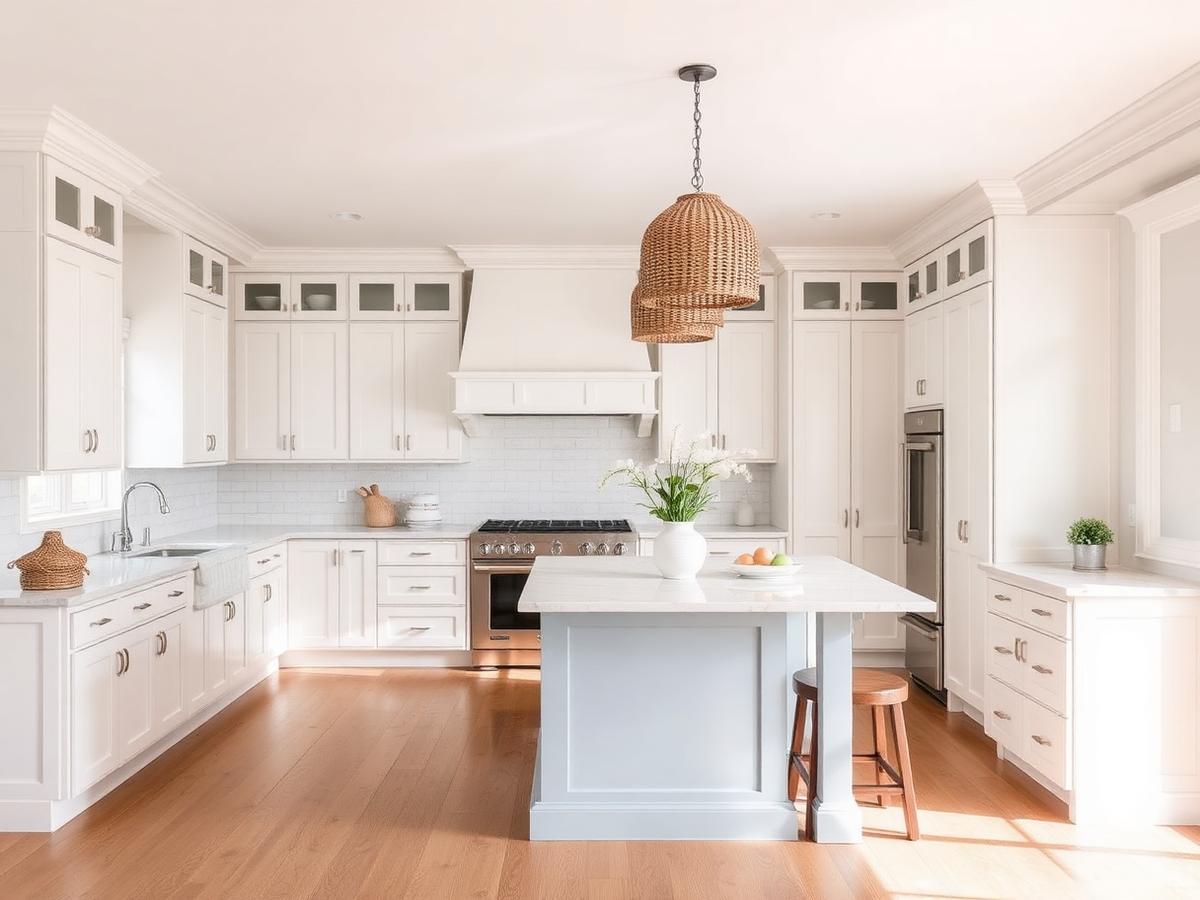 Coastal kitchen with white shaker cabinets and woven pendant lighting
